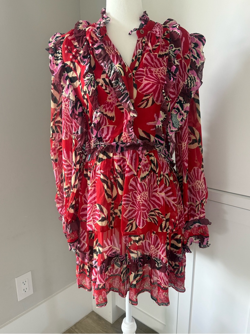 FARM Rio Red and Pink Floral Ruffle Long-Sleeve Dress